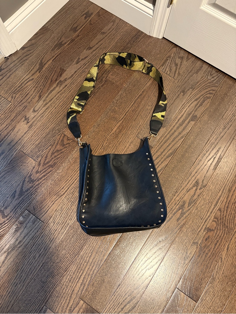Black Studded Crossbody Bag with Green Camo Strap